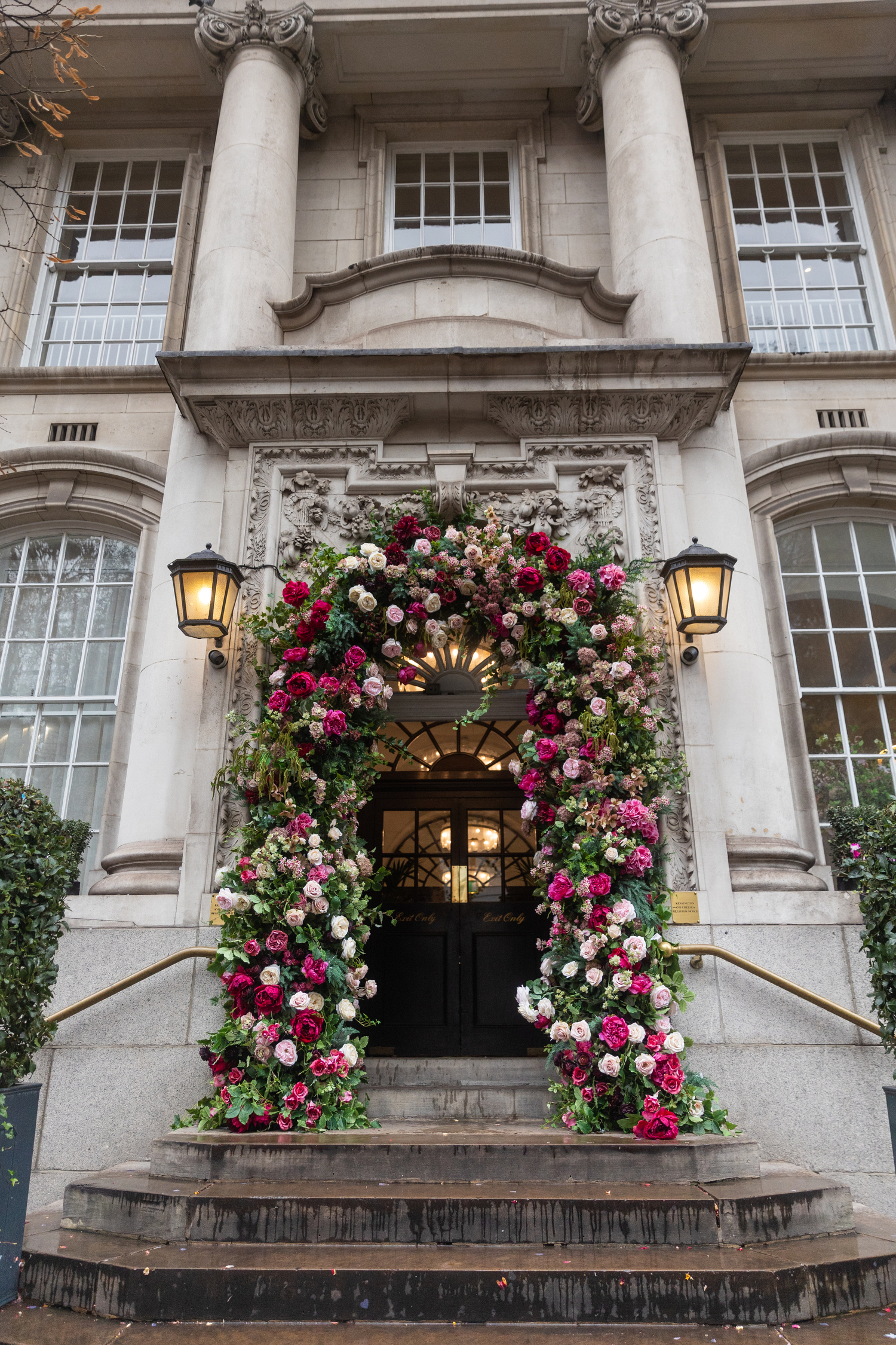 Floral arch outside Chelsea Old Town Hall.