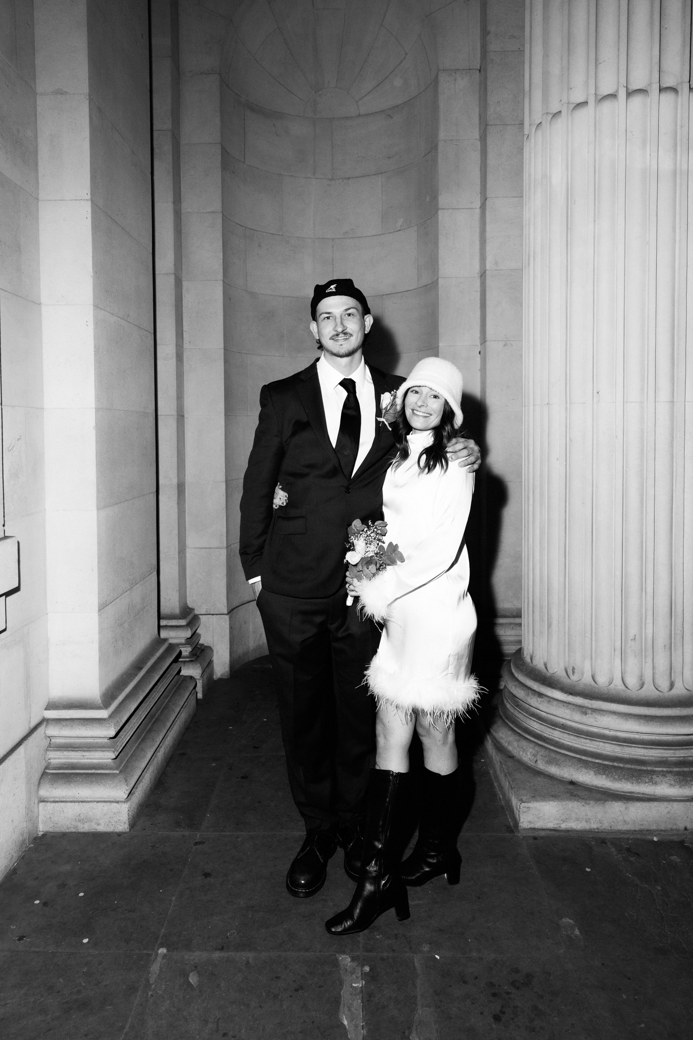 B&W Picture of bride and groom in London