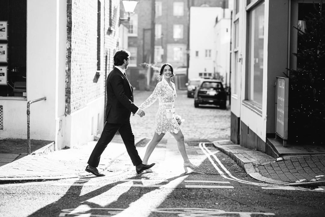 urban street portrait of newlyweds in London